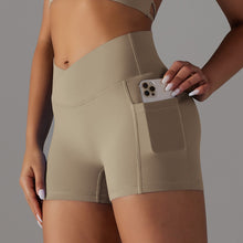 Load image into Gallery viewer, Double-Sided Nylon Brushed Cross V Waist Pocket Yoga Shorts Running Fitness Three-Point Pants for Women Cocoa, XS