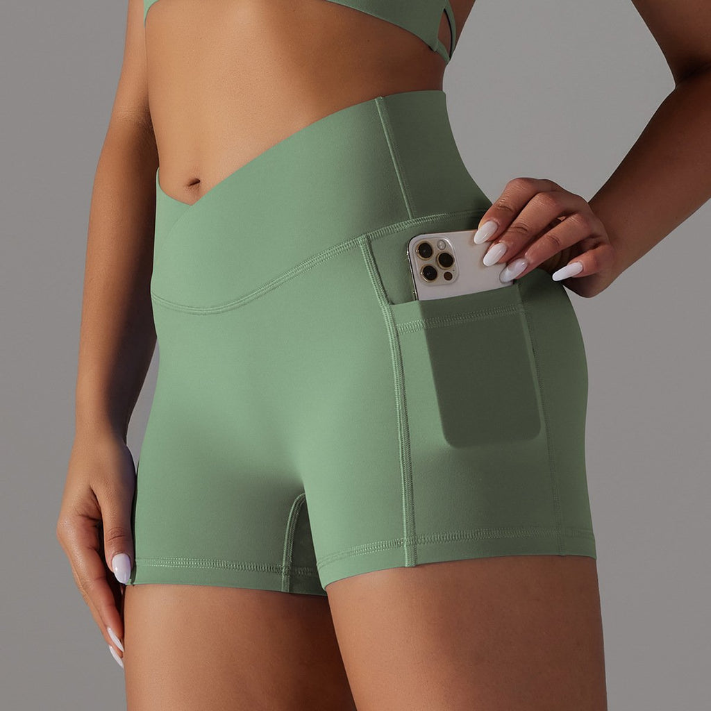 Double-Sided Nylon Brushed Cross V Waist Pocket Yoga Shorts Running Fitness Three-Point Pants for Women Green, XS