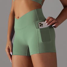 Load image into Gallery viewer, Double-Sided Nylon Brushed Cross V Waist Pocket Yoga Shorts Running Fitness Three-Point Pants for Women Green, XS