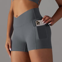 Load image into Gallery viewer, Double-Sided Nylon Brushed Cross V Waist Pocket Yoga Shorts Running Fitness Three-Point Pants for Women Dark gray, XS