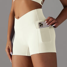 Load image into Gallery viewer, Double-Sided Nylon Brushed Cross V Waist Pocket Yoga Shorts Running Fitness Three-Point Pants for Women Beige, XS