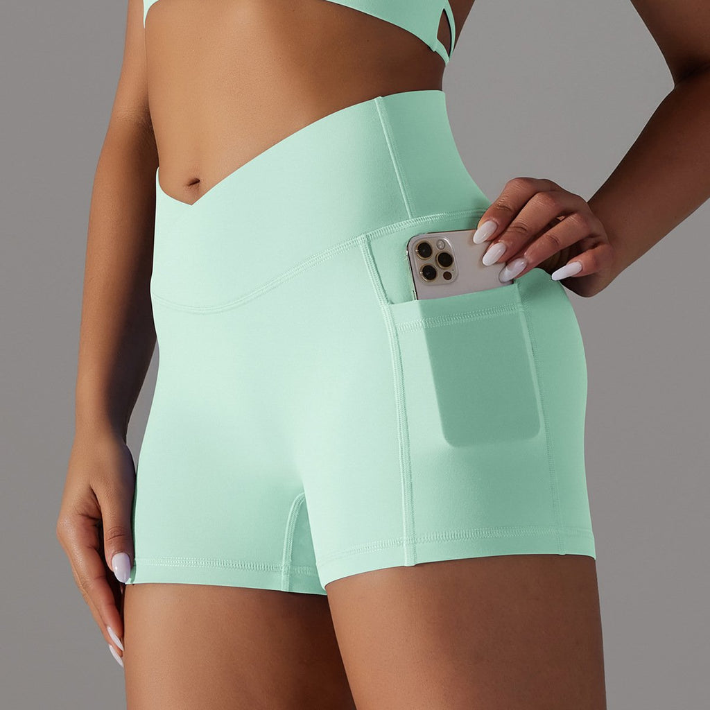 Double-Sided Nylon Brushed Cross V Waist Pocket Yoga Shorts Running Fitness Three-Point Pants for Women Light Green, XS