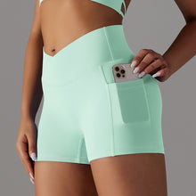 Load image into Gallery viewer, Double-Sided Nylon Brushed Cross V Waist Pocket Yoga Shorts Running Fitness Three-Point Pants for Women Light Green, XS