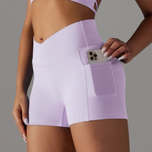 Load image into Gallery viewer, Double-Sided Nylon Brushed Cross V Waist Pocket Yoga Shorts Running Fitness Three-Point Pants for Women Light purple, XS