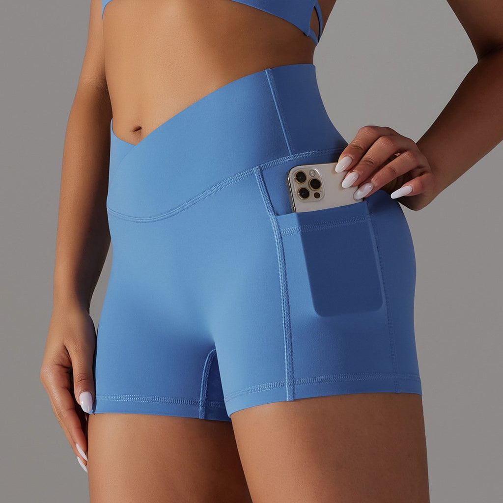 Double-Sided Nylon Brushed Cross V Waist Pocket Yoga Shorts Running Fitness Three-Point Pants for Women Dark blue, XS