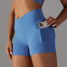 Load image into Gallery viewer, Double-Sided Nylon Brushed Cross V Waist Pocket Yoga Shorts Running Fitness Three-Point Pants for Women Dark blue, XS