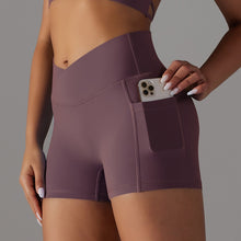 Load image into Gallery viewer, Double-Sided Nylon Brushed Cross V Waist Pocket Yoga Shorts Running Fitness Three-Point Pants for Women Dark purple, XS
