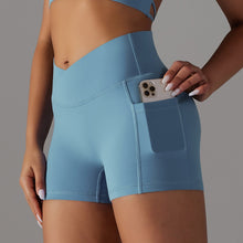 Load image into Gallery viewer, Double-Sided Nylon Brushed Cross V Waist Pocket Yoga Shorts Running Fitness Three-Point Pants for Women Navy, XS