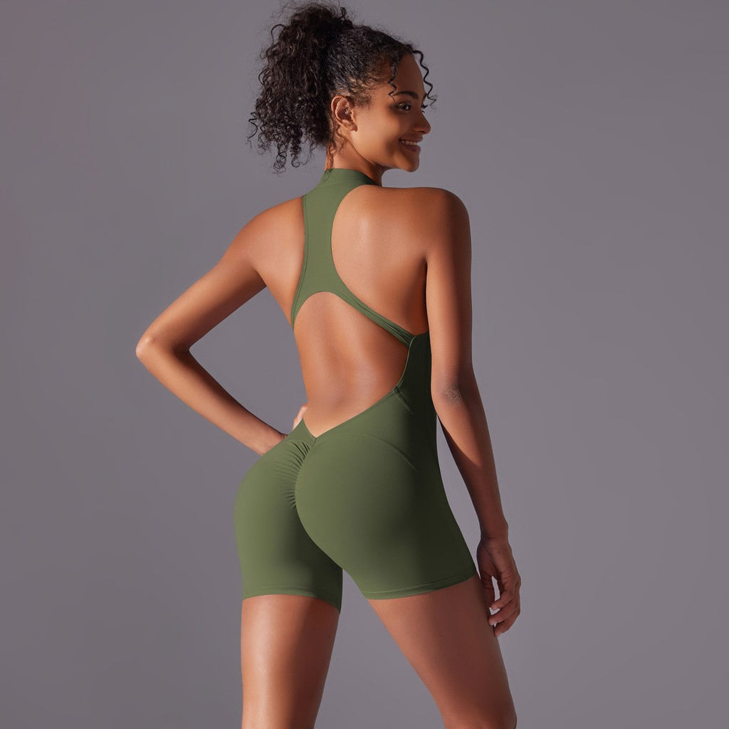 Solid Color High Intensity Nude Feeling Skinny Bodysuit Yoga and Running Fitness Clothing for Women Military Green, XL