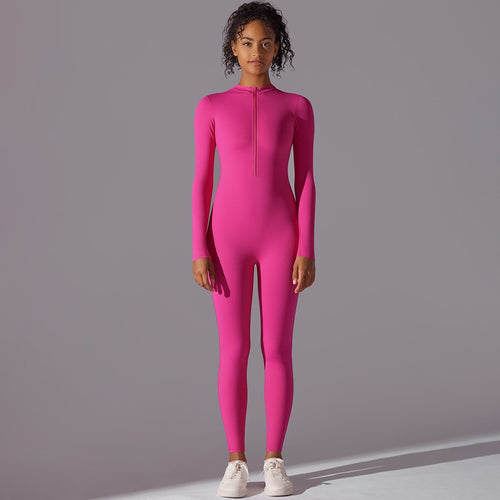 High elastic half-open zipper tight long jumpsuit sports running fitness long sleeve yoga wear (1)