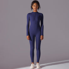 Load image into Gallery viewer, High Elastic Half-Open Zipper Long Jumpsuit Sports Running Fitness Long Sleeve Yoga Wear for Women Dark blue, XL