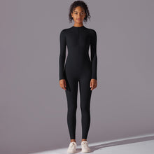 Load image into Gallery viewer, High Elastic Half-Open Zipper Long Jumpsuit Sports Running Fitness Long Sleeve Yoga Wear for Women Black, XL