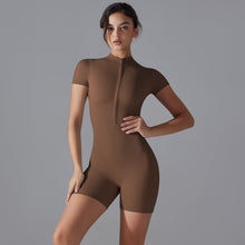 Load image into Gallery viewer, Summer Yoga Jumpsuit Zipper Short Sleeve Fitness Tight Sportswear for Women Chestnut, XL