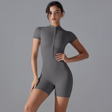Load image into Gallery viewer, Summer Yoga Jumpsuit Zipper Short Sleeve Fitness Tight Sportswear for Women Dark gray, XL