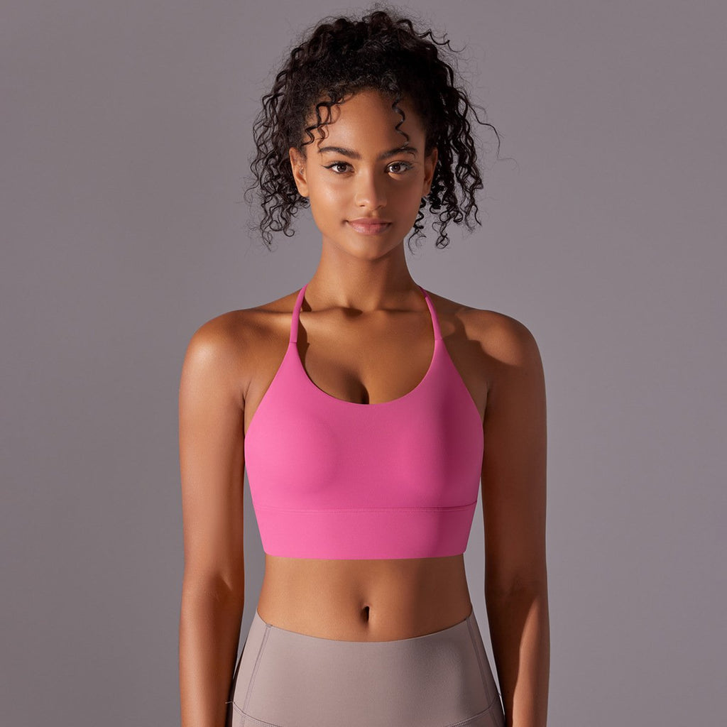 New brushed double-sided nylon solid color beauty back cross halter sports running fitness yoga clothing sports underwear female (2)