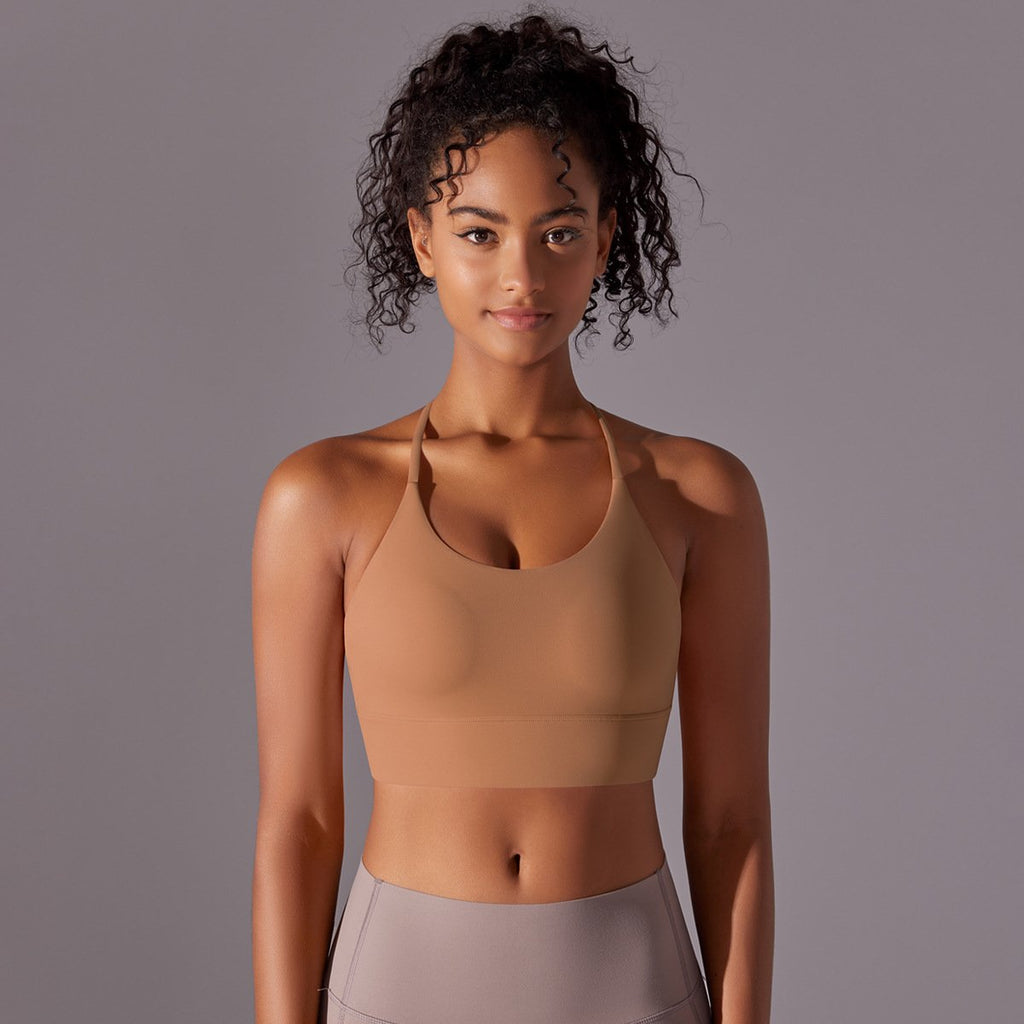 New brushed double-sided nylon solid color beauty back cross halter sports running fitness yoga clothing sports underwear female (6)