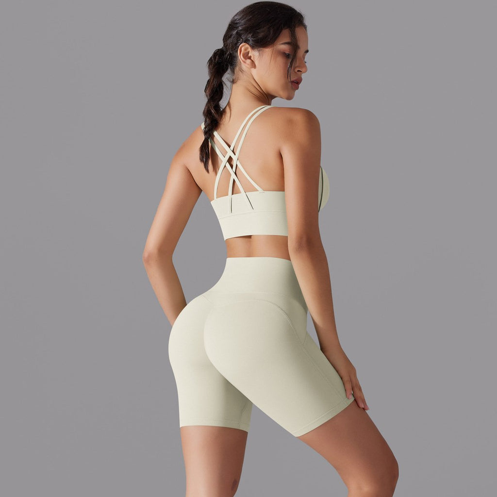 New free panties three-quarter shorts yoga clothing set beauty back cross sports underwear fitness yoga clothing set (4)