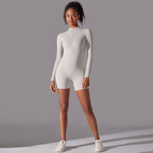 Load image into Gallery viewer, Solid Color Zipper Open Neck High Elastic Jumpsuit Sports Fitness Running Yoga Shorts for Women White and Gray, XL