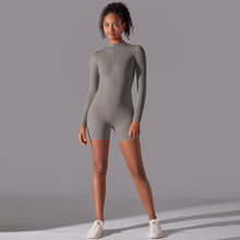 Load image into Gallery viewer, New solid color zipper open neck tight high elastic jumpsuit sports fitness running three-quarter one-piece shorts yoga clothing (2)