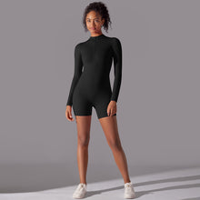 Load image into Gallery viewer, Solid Color Zipper Open Neck High Elastic Jumpsuit Sports Fitness Running Yoga Shorts for Women Black, XL