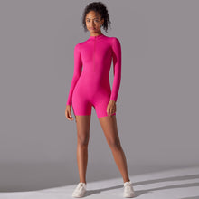 Load image into Gallery viewer, Solid Color Zipper Open Neck High Elastic Jumpsuit Sports Fitness Running Yoga Shorts for Women Dragon fruit color, XL