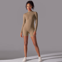 Load image into Gallery viewer, Solid Color Zipper Open Neck High Elastic Jumpsuit Sports Fitness Running Yoga Shorts for Women Cocoa, XL
