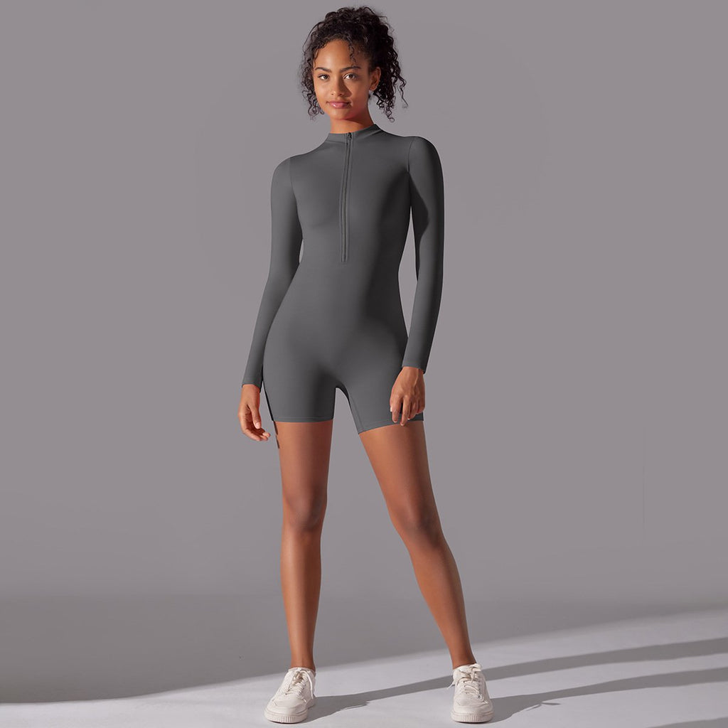 Solid Color Zipper Open Neck High Elastic Jumpsuit Sports Fitness Running Yoga Shorts for Women Dark gray, XL