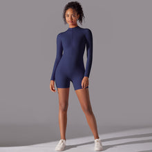 Load image into Gallery viewer, Solid Color Zipper Open Neck High Elastic Jumpsuit Sports Fitness Running Yoga Shorts for Women Dark blue, XL