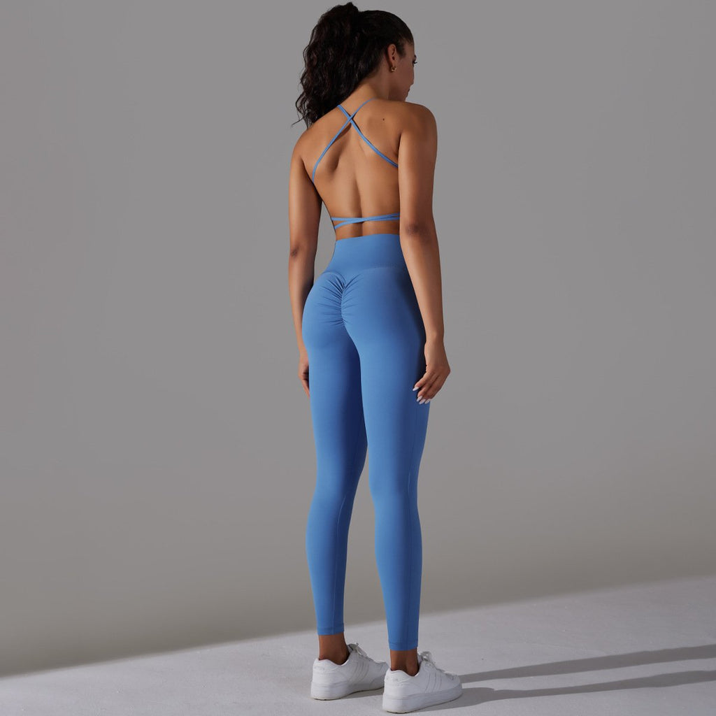 Reversible Nylon Solid Color Cross Back Sports Underwear Yoga Clothing Set Running Fitness Suit Women (5)