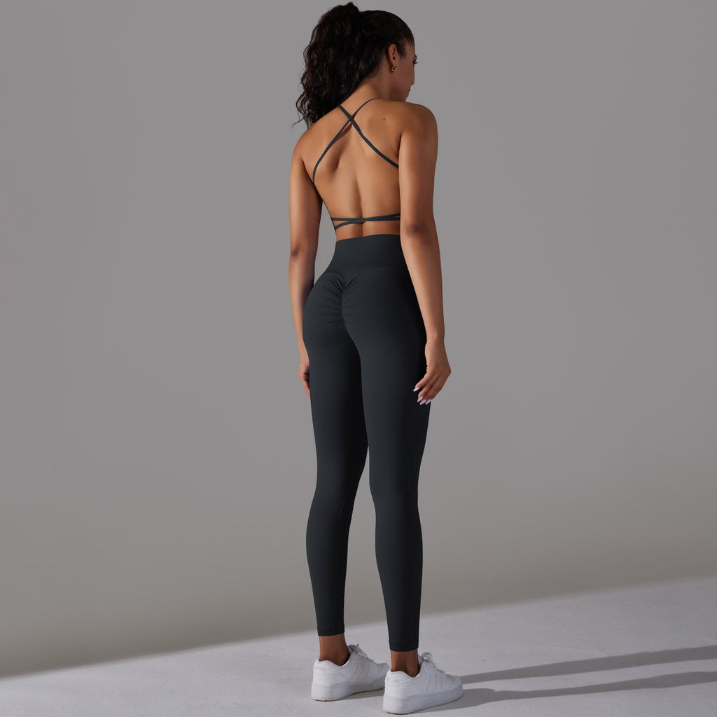 Reversible Nylon Solid Color Cross Back Sports Underwear Yoga Clothing Set Running Fitness Suit Women