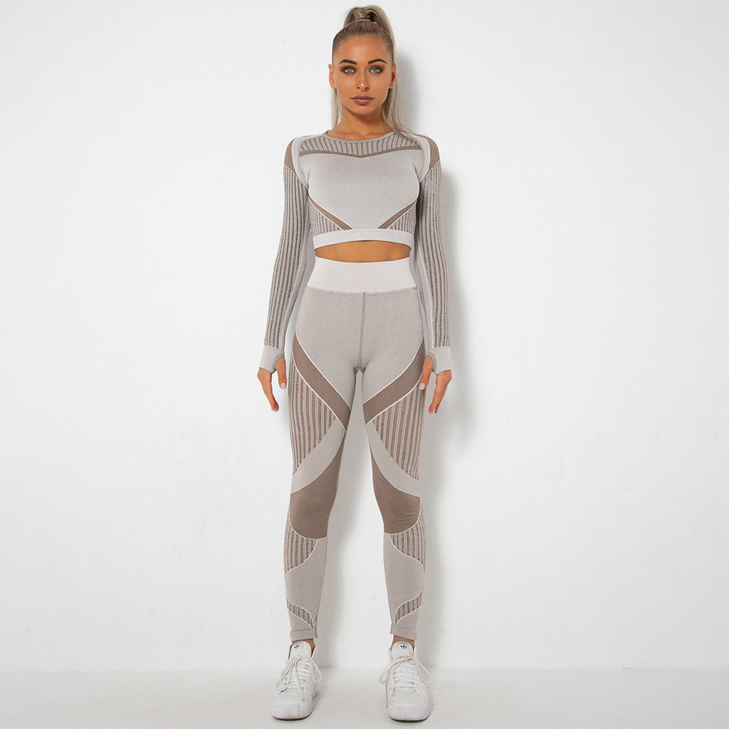 Seamless Hollow Out Yoga Long-Sleeved Two-Piece Suit Women&#8217;S Yoga Wear Sports Fitness Running Yoga Pants (1)