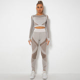 Seamless Hollow Out Long-Sleeved Yoga Set Fitness Running Pants for Women