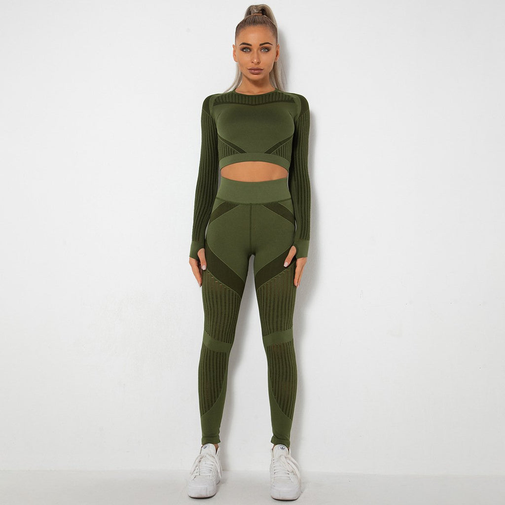 Seamless Hollow Out Yoga Long-Sleeved Two-Piece Suit Women&#8217;S Yoga Wear Sports Fitness Running Yoga Pants (7)