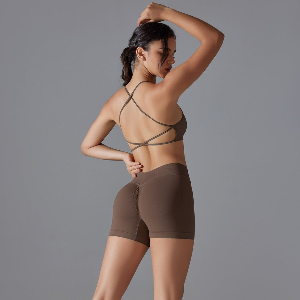 Seamless solid color crossover back high elastic tight sports underwear yoga clothing suit running fitness two-piece set (7)