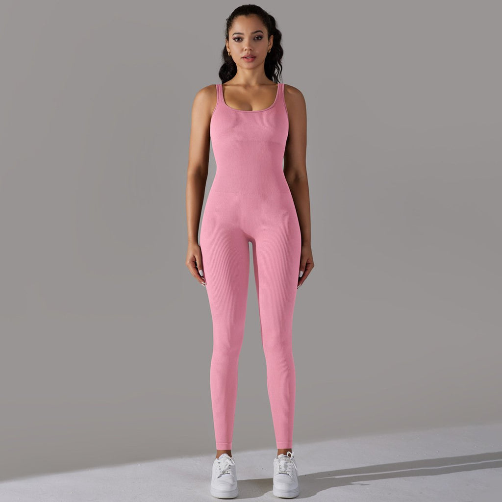 Sewn Knit Thread Solid Color Skinny Flat Neck Bodysuit Exercise Running Fitness Yoga Clothing One Piece Suit (16)