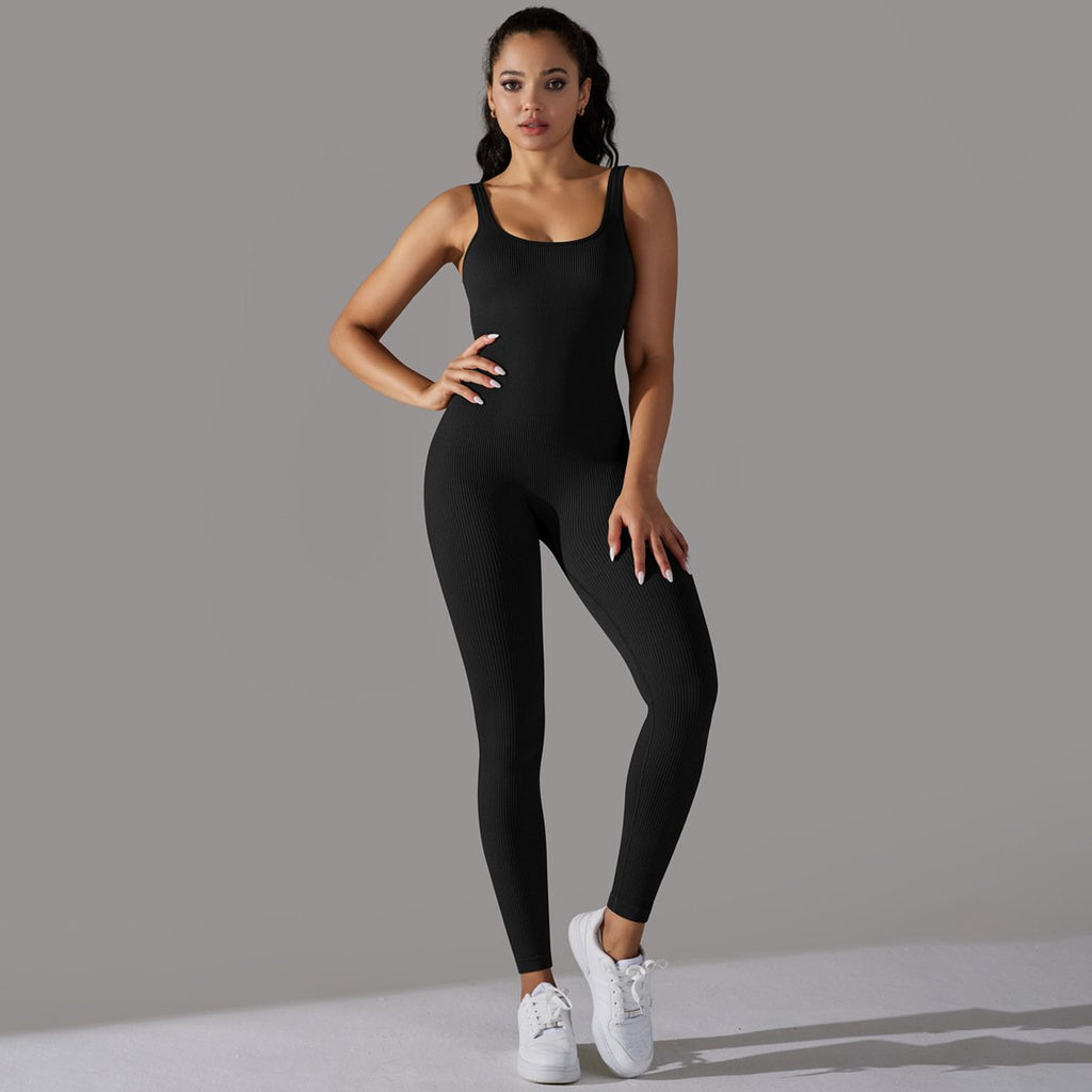 Sewn Knit Thread Solid Color Skinny Flat Neck Bodysuit Exercise Running Fitness Yoga Clothing One Piece Suit (1)