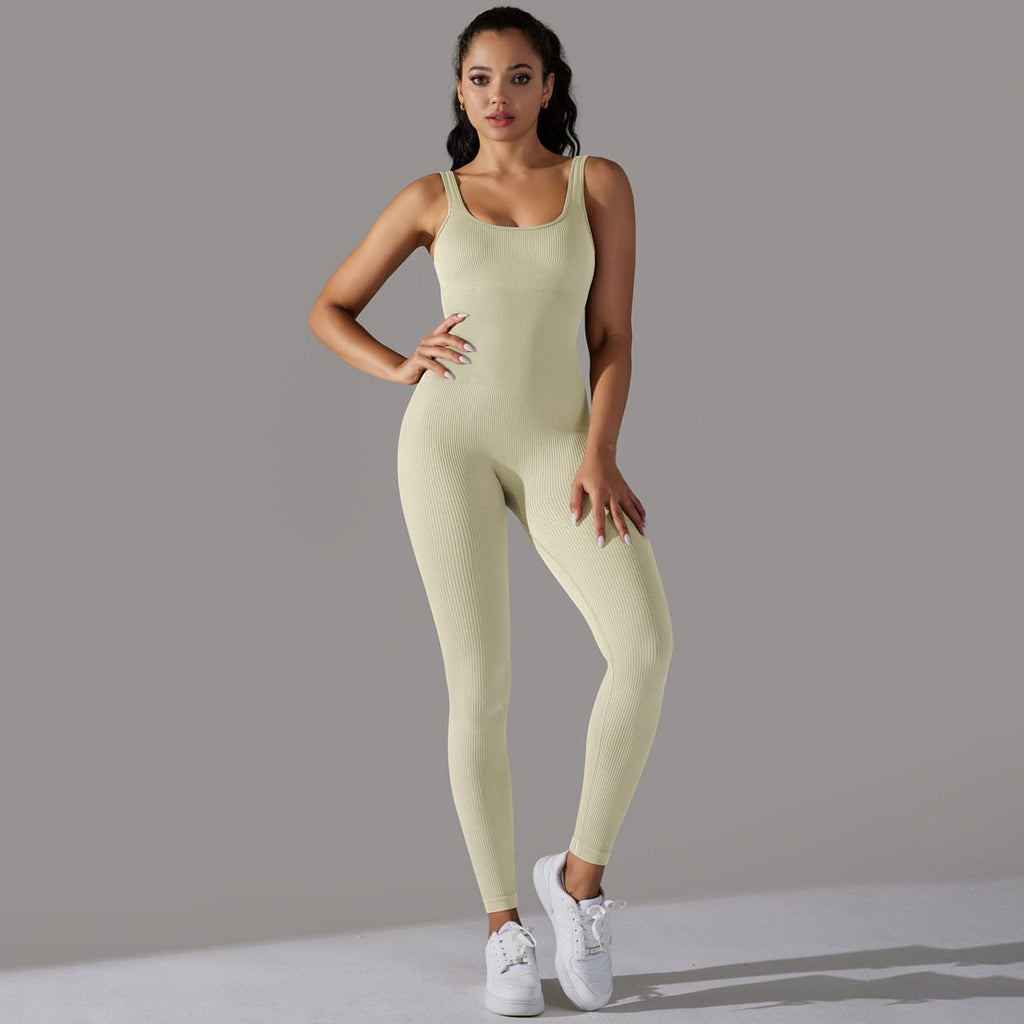 Sewn Knit Thread Solid Color Skinny Flat Neck Bodysuit Exercise Running Fitness Yoga Clothing One Piece Suit (7)