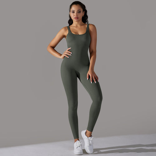 Sewn Knit Thread Solid Color Skinny Flat Neck Bodysuit Exercise Running Fitness Yoga Clothing One Piece Suit