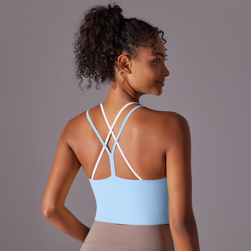 Solid Color Beauty Back Double Layer Crossover Reversible Nylon Brushed Sports Underwear Running Fitness Yoga Clothing Tops Women
