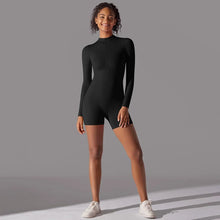 Load image into Gallery viewer, Solid Color Zipper Open Neck High Elastic Jumpsuit Sports Fitness Running Yoga Shorts for Women2 (1)