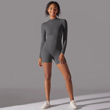 Load image into Gallery viewer, Solid Color Zipper Open Neck High Elastic Jumpsuit Sports Fitness Running Yoga Shorts for Women2 (3)