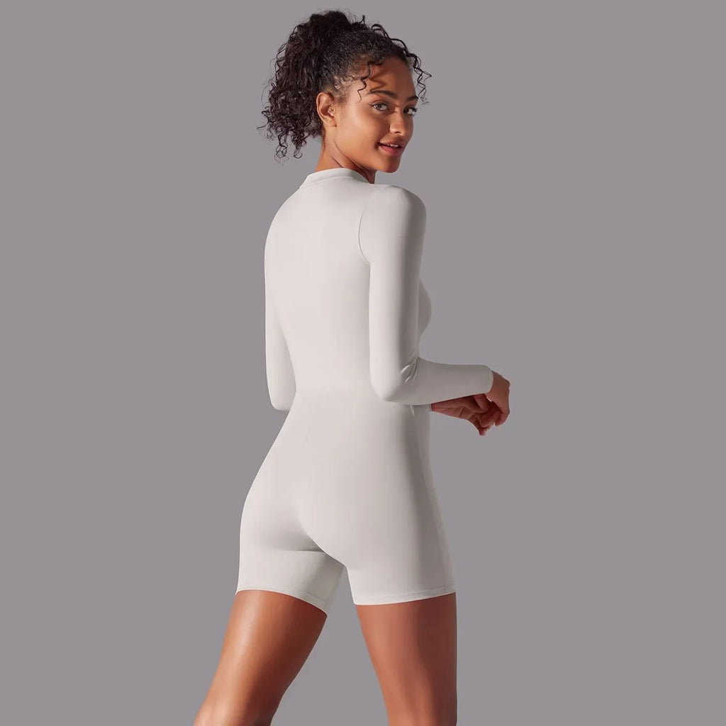 Solid Color Zipper Open Neck High Elastic Jumpsuit Sports Fitness Running Yoga Shorts for Women2 (6)