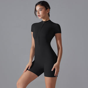 Summer Yoga Jumpsuit Zipper Short Sleeve Fitness Tight Sportswear for Women2 (2)
