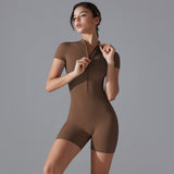 Summer Zipper Short Sleeve Yoga Bodysuit Women Dance Fitness Leotard Exercise Suit