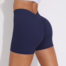 Load image into Gallery viewer, V-Waist Pleated Solid Color Peach Buttocks Yoga Shorts Running Fitness Tight Three-Quarter Pants for Women Dark blue, XL