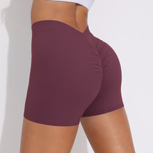 Load image into Gallery viewer, V-Waist Pleated Solid Color Peach Buttocks Yoga Shorts Running Fitness Tight Three-Quarter Pants for Women Date red, XL