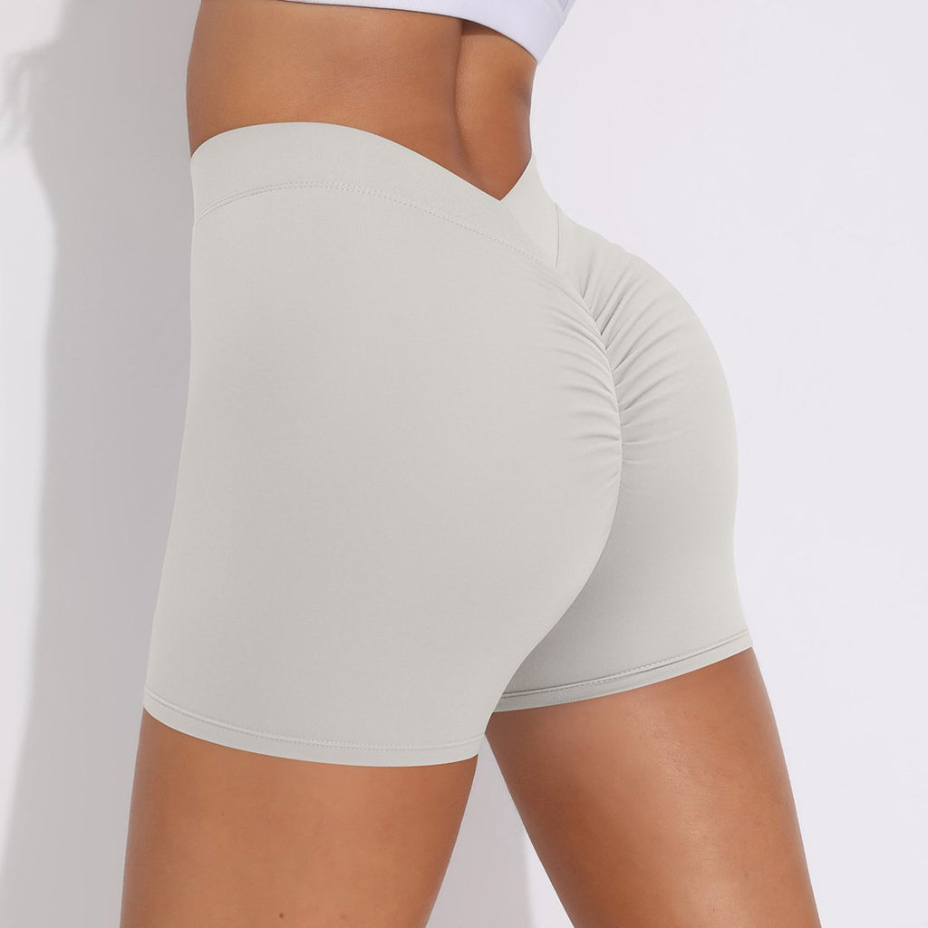 V-Waist Pleated Solid Color Peach Buttocks Yoga Shorts Running Fitness Tight Three-Quarter Pants for Women White gray, XL