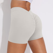Load image into Gallery viewer, V-Waist Pleated Solid Color Peach Buttocks Yoga Shorts Running Fitness Tight Three-Quarter Pants for Women White gray, XL