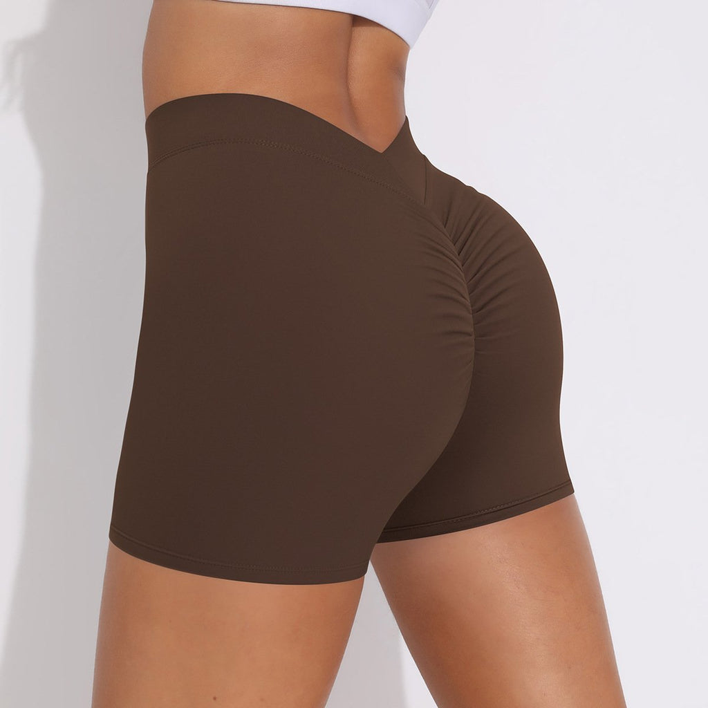 V-Waist Pleated Solid Color Peach Buttocks Yoga Shorts Running Fitness Tight Three-Quarter Pants for Women Chestnut, XL