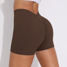 Load image into Gallery viewer, V-Waist Pleated Solid Color Peach Buttocks Yoga Shorts Running Fitness Tight Three-Quarter Pants for Women Chestnut, XL